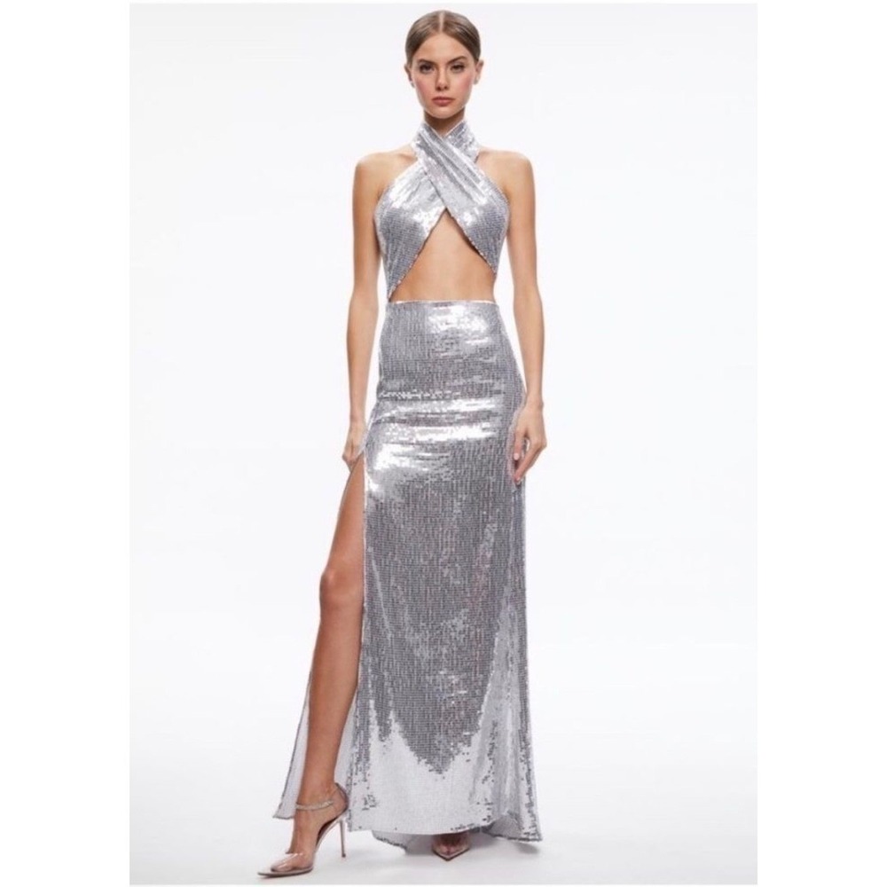 Alice + Olivia May Halterneck‎ Silver Sequin Cutout Maxi Dress – Size 4 NWT
